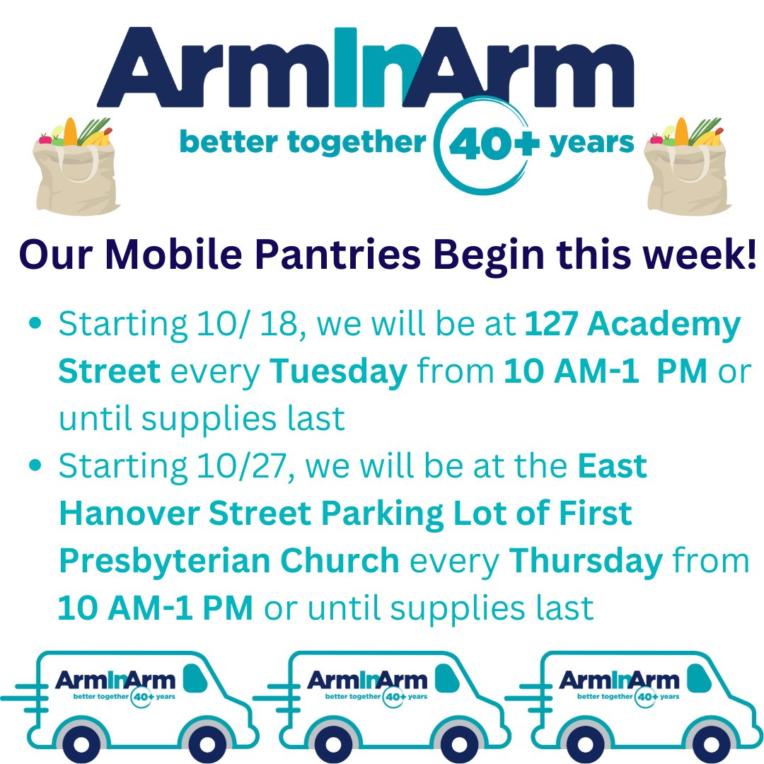 ArmInArmNJ's tweet photo. We are excited to announce our mobile pantry will begin tomorrow, Tuesday, October 18th, at 127 Academy Street from 10 AM to 1 PM or until supplies last. 
#MobilePantry #ArmInArm #BetterTogether https://t.co/8HfMn02Asm