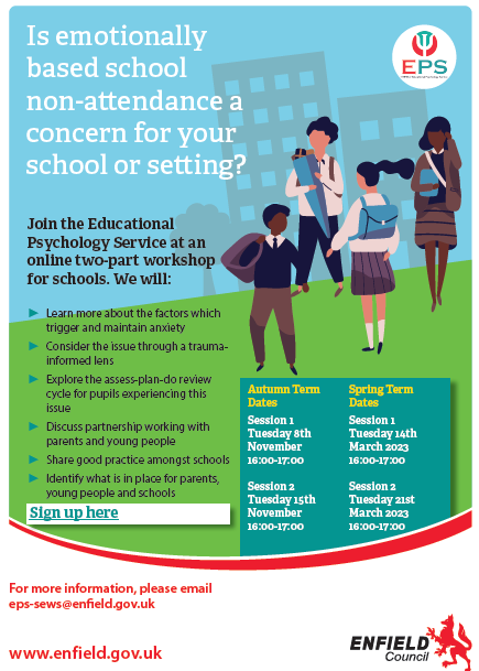 ENFIELDEPS's tweet photo. Are you a professional who sees EBSNA as concern for your school? Join the EPS in this two part workshop to learn more about EBSNA and find out more about support available in Enfield. Sign up here: https://t.co/Z8muUNnlLJ https://t.co/d7tNCIFV3f