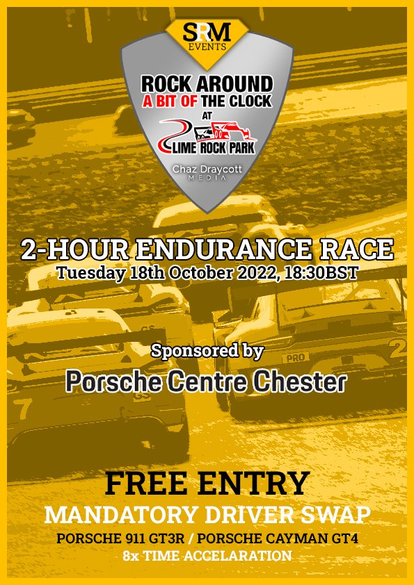 chazdraycott's tweet photo. REMINDER that Sim Racing Magazine and I have a special event on @iRacing tomorrow night - "Rock Around (A Bit Of) The Clock at Lime Rock!"

A 2-hour endurance race with 8x time progression - Porsche GT3 and GT4 cars. FREE ENTRY, two-man teams only. https://t.co/YsJ6502Ihy