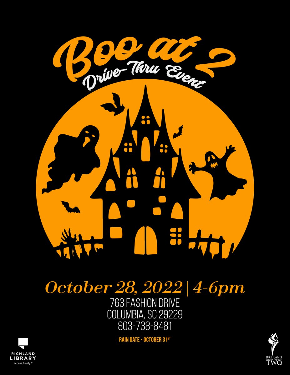 🍭🍬HAPPENING OCTOBER 28TH FROM 4-6 PM: BOO AT 2!👻🎃
Richland Two family, bring the whole family out in their favorite costumes to the drive-thru line at R2i2 for lots of sweet treats! Rain date: Oct 31st. 763 Fashion Drive, Columbia, SC 29229.
<a href="/accessfreely/">Richland Library</a>
#BooAt2
#RichlandTwo