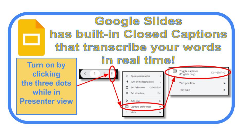 HTSD Technology Department (@HTSD_Tech) on Twitter photo 2022-10-25 12:00:00 Hey @WeAreHTSD - This #HTSDTechTip Tuesday is about built-in closed captions in Google Slides. @GoogleWorkspace @GoogleForEdu #htsdpd #GoogleEDU Hey @WeAreHTSD - This #HTSDTechTip Tuesday is about built-in closed captions in Google Slides. @GoogleWorkspace @GoogleForEdu #htsdpd #GoogleEDU