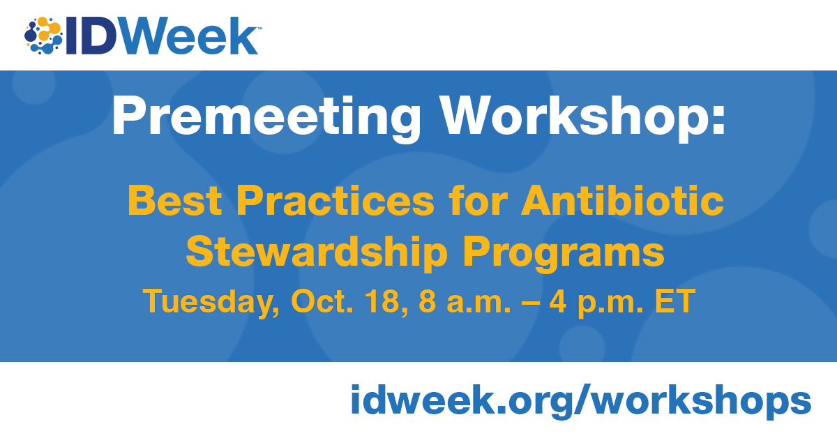 IDWeekmtg's tweet photo. Arriving early at #IDWeek2022? the Best Practices for Antibiotic Stewardship premeeting begins on Oct.18, 8 am, and provides a comprehensive overview of #antibioticstewardship programs in different healthcare settings.
Don't miss out and register: https://t.co/TPrfNFj4dU https://t.co/6Q9MF1IJOw