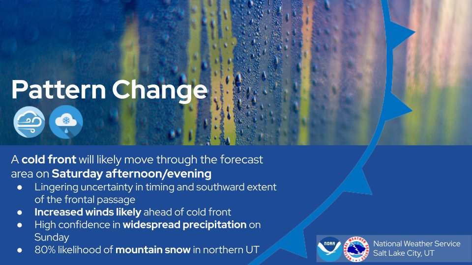 NWSSaltLakeCity's tweet photo. 🌧❄Yep, you heard us correctly.

A pattern change is on the way for the weekend. Increased winds ahead of a cold front, widespread precipitation, and even mountain snow are possible. 

Stay tuned over the next few days as details come into focus! #utwx #wywx https://t.co/zxS6ZbpUy1