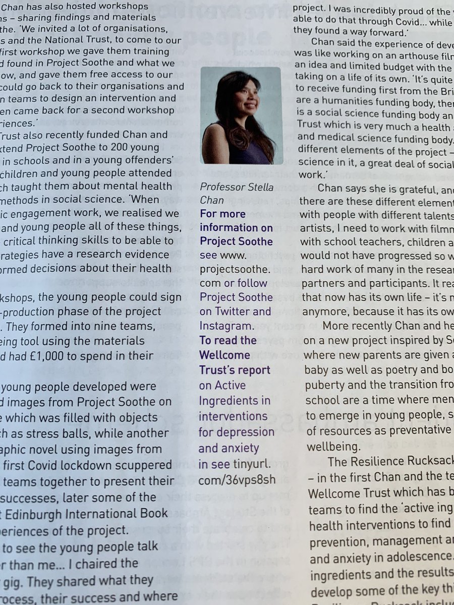 ruthannebaxter's tweet photo. Enjoying this month’s issue of @psychmag, not least as it features the work of the wonderful @StellaWYChan & #ProjectSoothe. “When you’re low it’s difficult to do something positive - so even a short-term positive #mood change is good” @RoyalSocEd @JohnGillies6 #citizenscience https://t.co/l9dOFCY4gy