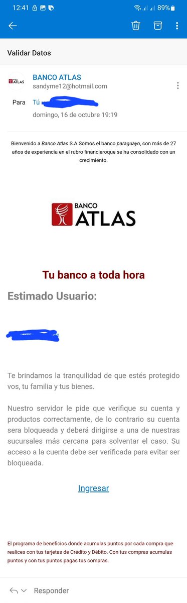 Pame_Erre's tweet photo. Hola @bancoatlas, no soy cliente pero les queria avisar que me llegó un mail de dudosa procedencia. Por si les sirva, para que no le estafen a sus clientes 😊 https://t.co/T4p4ZAiIYi