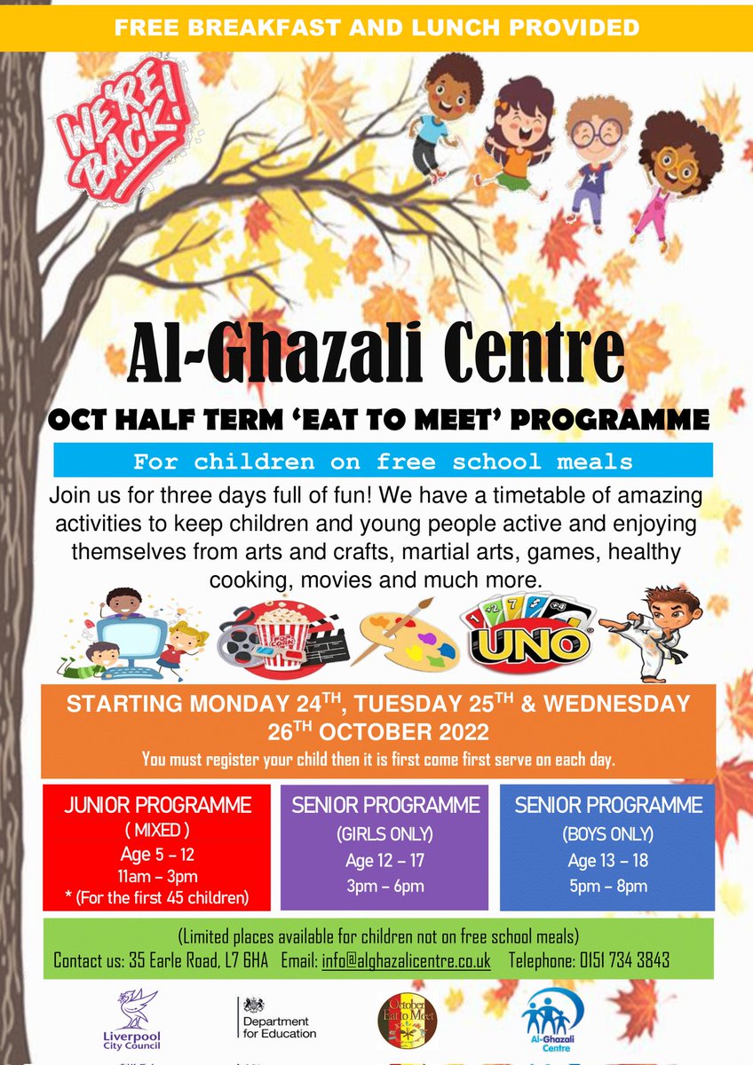 Free activities for children during October half term. Starting Monday 24th Oct at 11am. Please see leaflet for more information.