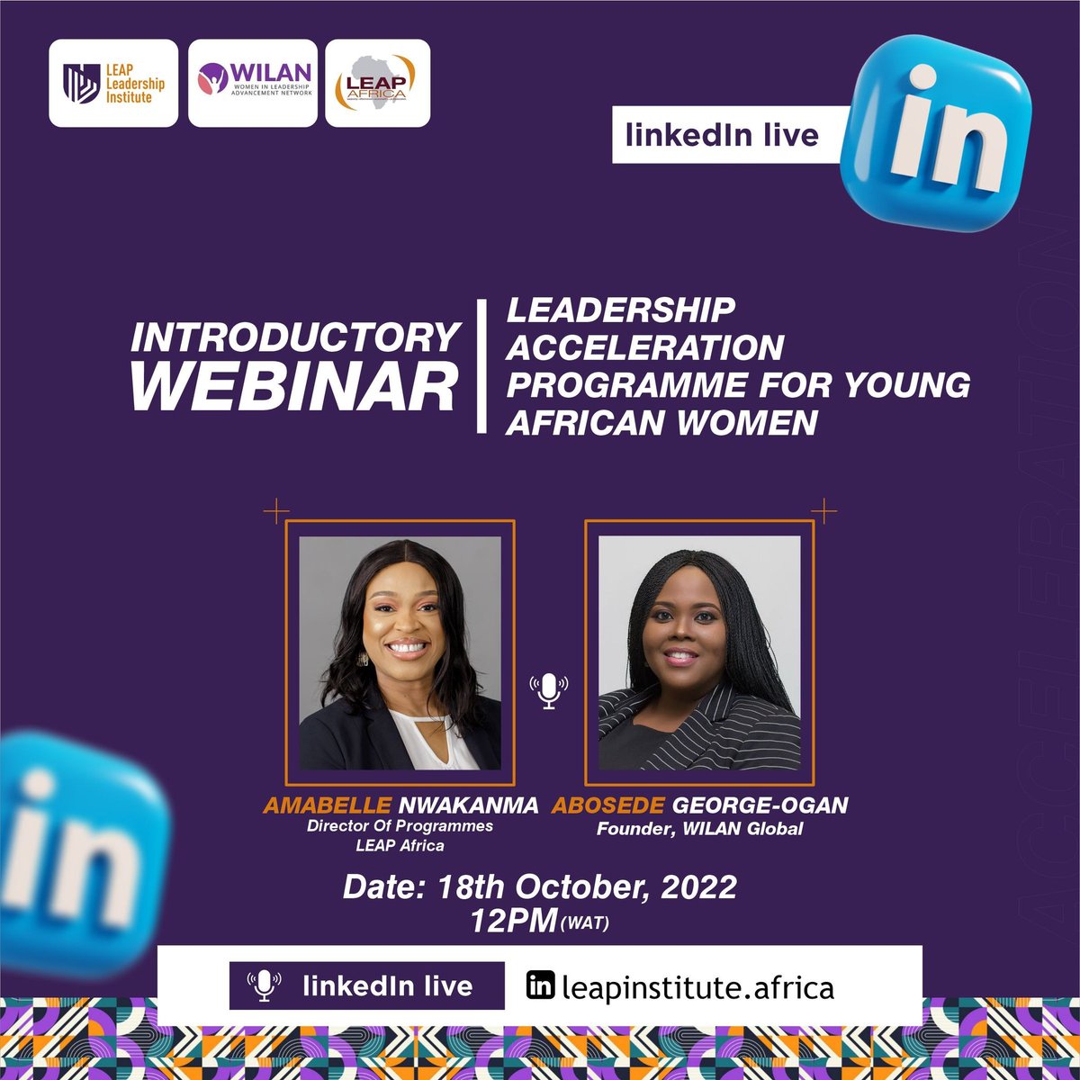 Join us tomorrow, the 18th of October at 12 PM (WAT) on LinkedIn for the Leadership Acceleration Programme's Introductory Webinar

Kindly visit bit.ly/webinar-Accele… to register and turn on notification. 

Don't forget to follow <a href="/leapinstitute__/">LEAP Leadership Institute</a> on LinkedIn 

#women #africa