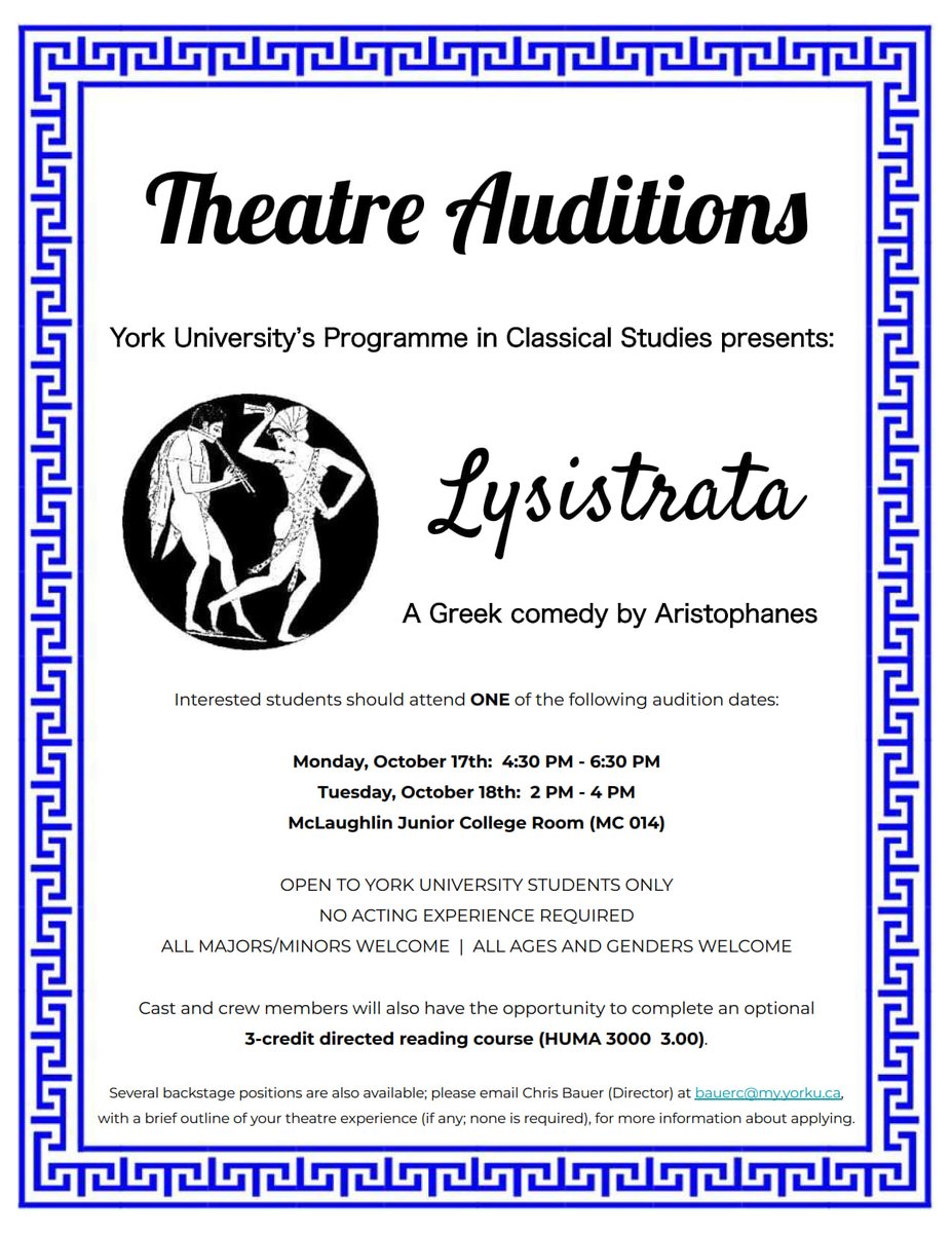 York History (@yorkhist) on Twitter photo Theatre auditions begin today! We are holding auditions for "Lysistrata" - a Greek comedy by Aristophanes. Several backstage positions are also available. <a href="/YorkuAMPD/">York U AMPD</a> <a href="/YorkUTheatre/">Theatre@York</a> @yorku_gradtps
<a href="/YorkU_DLLL/">YORK U DLLL</a> <a href="/VanCProductions/">Vanier College Productions</a> <a href="/tsa_yorku/">TSA @ York U</a> <a href="/YU_Global/">York U Global</a> <a href="/YorkULAPS/">Faculty of Liberal Arts & Professional Studies</a> @yorkuniversity Theatre auditions begin today! We are holding auditions for "Lysistrata" - a Greek comedy by Aristophanes. Several backstage positions are also available. <a href="/YorkuAMPD/">York U AMPD</a> <a href="/YorkUTheatre/">Theatre@York</a> @yorku_gradtps
<a href="/YorkU_DLLL/">YORK U DLLL</a> <a href="/VanCProductions/">Vanier College Productions</a> <a href="/tsa_yorku/">TSA @ York U</a> <a href="/YU_Global/">York U Global</a> <a href="/YorkULAPS/">Faculty of Liberal Arts & Professional Studies</a> @yorkuniversity