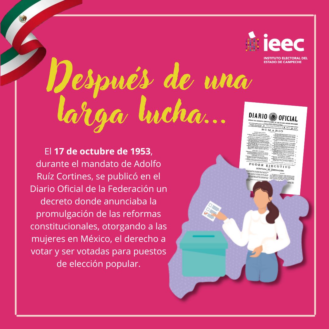 IEECampeche's tweet photo. 🇲🇽17 de octubre, 69 Aniversario del Voto de la Mujer en México.
Un día como hoy de 1953, se publicó la reforma constitucional que reconoció el derecho de las mujeres mexicanas a votar y ser votadas, producto de una larga lucha por parte de las sufragistas mexicanas. ️#CSocial https://t.co/MmeCjWobCe