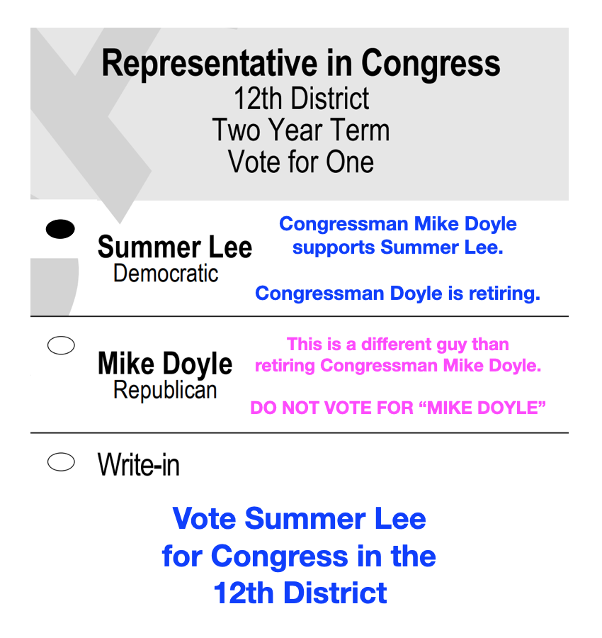 Don't let your loved ones accidentally vote for the Republican!

Send them this infographic.

Retiring Congressman Mike Doyle supports Summer Lee to replace him. Vote for Democrat Summer Lee.

DON'T: Vote for Republican "Mike Doyle"

DO: Vote for Democrat Summer Lee