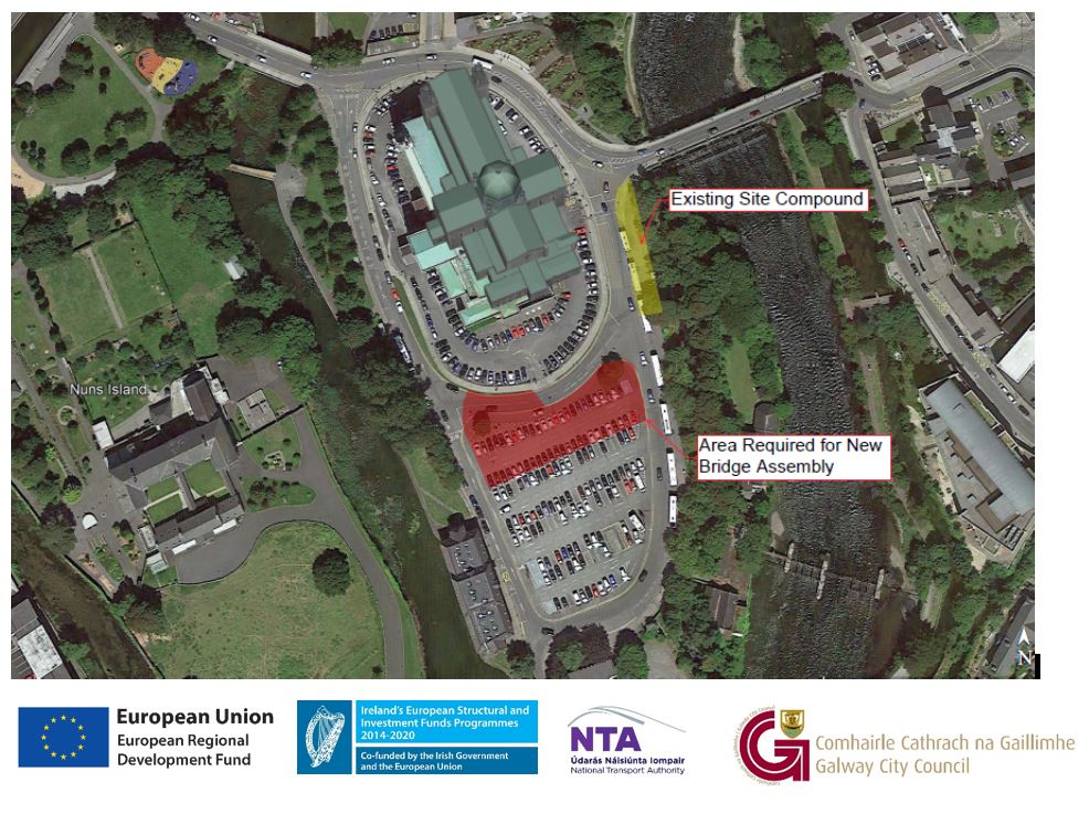 Galway City Council wishes to advise of the partial closing of Gaol Road car park, as per sketch, from today, the 17th of October. This partial closure is required in order to facilitate the assembly of the new Salmon Weir Pedestrian and Cycle Bridge. Further updates to follow.