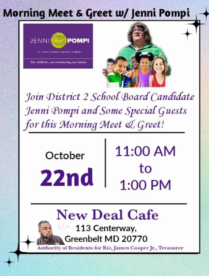 Jenni Pompi (@jenni_pompi) on Twitter photo One of my final meet & greets of the campaign on Saturday in <a href="/CityofGreenbelt/">City of Greenbelt</a> at the New Deal Cafe from 11–1, sponsored by <a href="/ResidentsforRic/">Councilman Ric Gordon</a> Please spread the word! One of my final meet & greets of the campaign on Saturday in <a href="/CityofGreenbelt/">City of Greenbelt</a> at the New Deal Cafe from 11–1, sponsored by <a href="/ResidentsforRic/">Councilman Ric Gordon</a> Please spread the word!