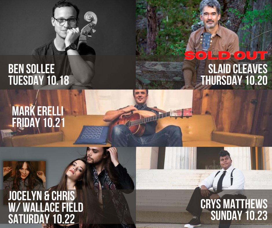 THIS WEEK 🎶 Grab your tickets at signaturesoundspresents.com
10.18 <a href="/bensollee/">Ben Sollee</a> 
10.20 <a href="/slaidc/">Slaid Cleaves</a>  *SOLD OUT*
10.21 <a href="/MarkErelli/">Mark Erelli</a> 
10.22 <a href="/jocelynandchris/">jocelynandchris</a> w/ Wallace Field
10.23 <a href="/heathermaloney_/">Heather Maloney</a>  Songwriter Workshop *LOW TICKET ALERT*
10.23 <a href="/crysmatthews/">Crys Matthews</a>