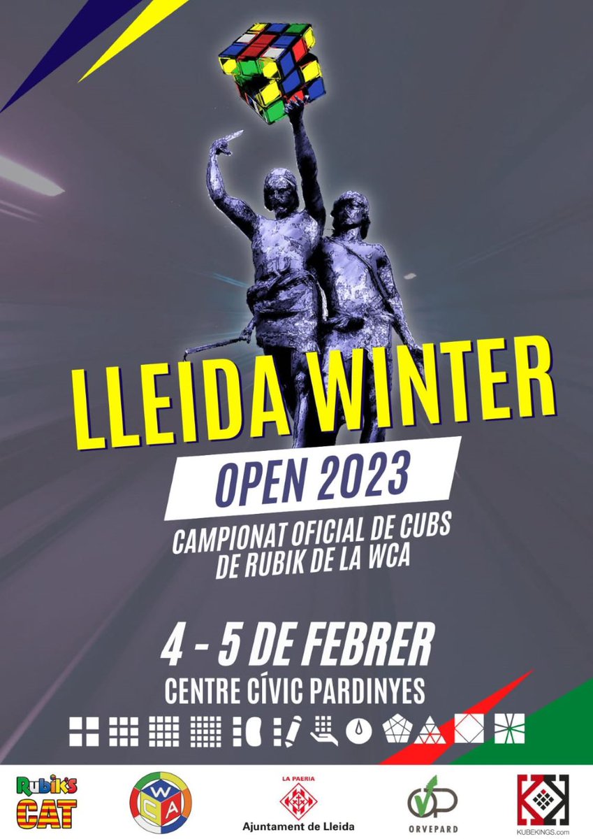 speedcubingcat's tweet photo. 🎲 Lleida Winter Open 2023
📌 Centre Cívic Pardinyes (Lleida)
🗓️ 4 i 5 de febrer de 2023
🌍 https://t.co/yQ2IuPGXhy https://t.co/jW1LX4lmjj