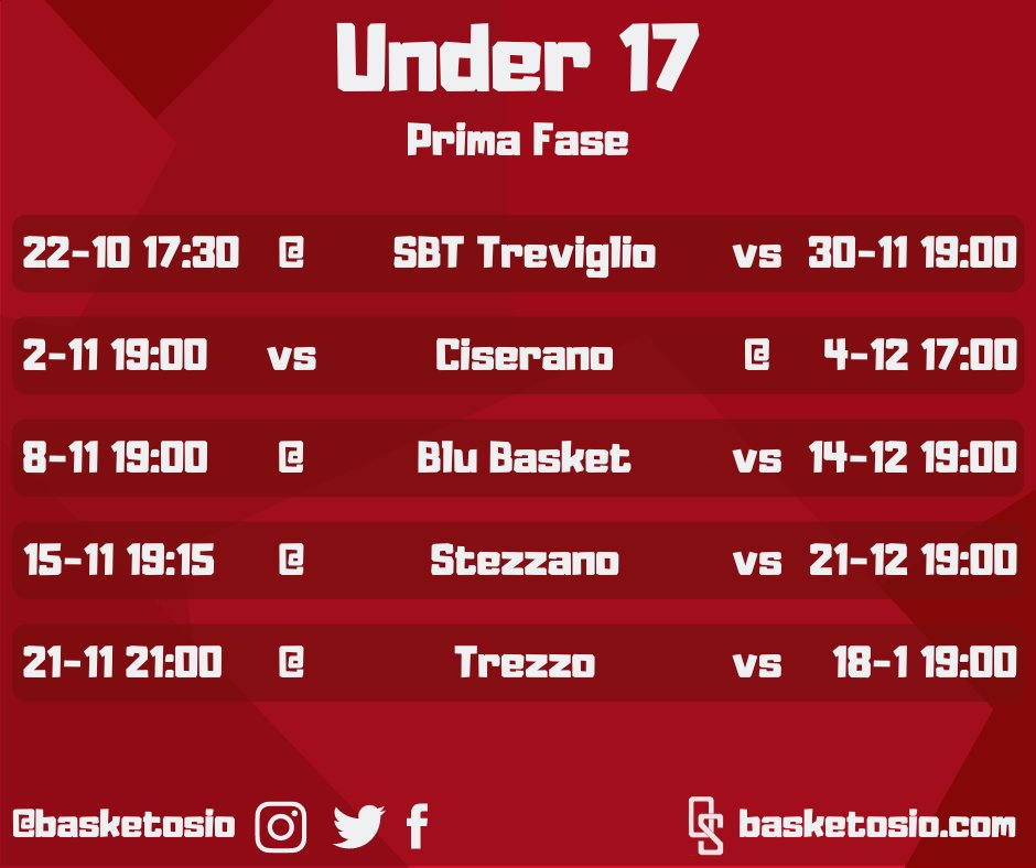 basketosio's tweet photo. Under 17
Sa 22/10 17.30 @ SBT Treviglio vs Me 30/11 19.00
Me 02/11 19.00 vs Ciserano @ Do 04/12 17.00
Ma 08/11 19.00 @ BluBasket vs Me 14/12 19.00
Ma 15/11 19.15 @ Stezzano vs Me 21/12 19.00
Sa 19/11 17.00 @ Trezzo vs Me 18/01 19.00
#basketosio #forzaosio #under17 #fip #u17 https://t.co/GEeLVvEOYw