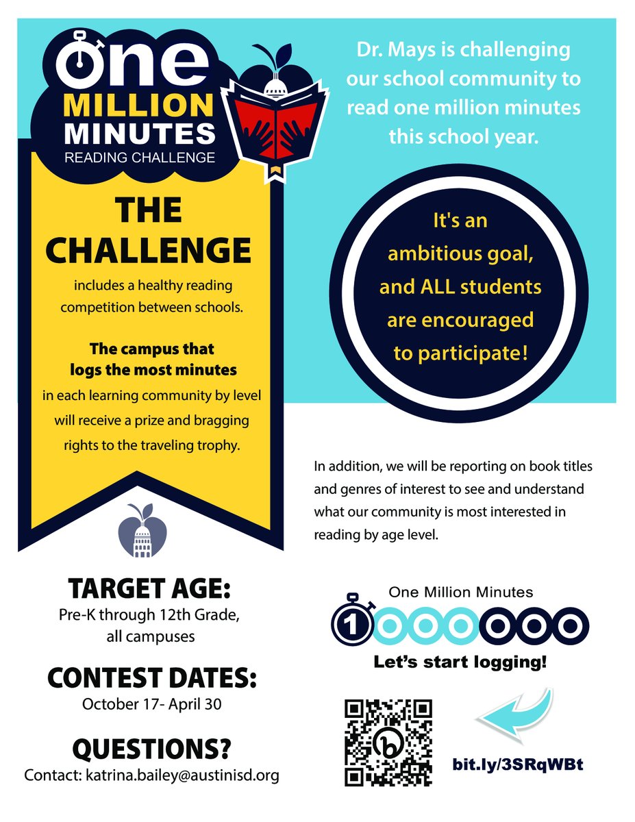 Hey Trojans! Today our AISD Supt. launched The Million Minute Reading Challenge! Don't forget to log your reading minutes EVERY DAY at this LINK: bit.ly/3VwwEdz!
@AHSnewss <a href="/AustinISD/">Austin ISD</a> <a href="/AISDSuptMays/">Dr. Anthony Mays</a> #AISDReads #millionminutechallenge