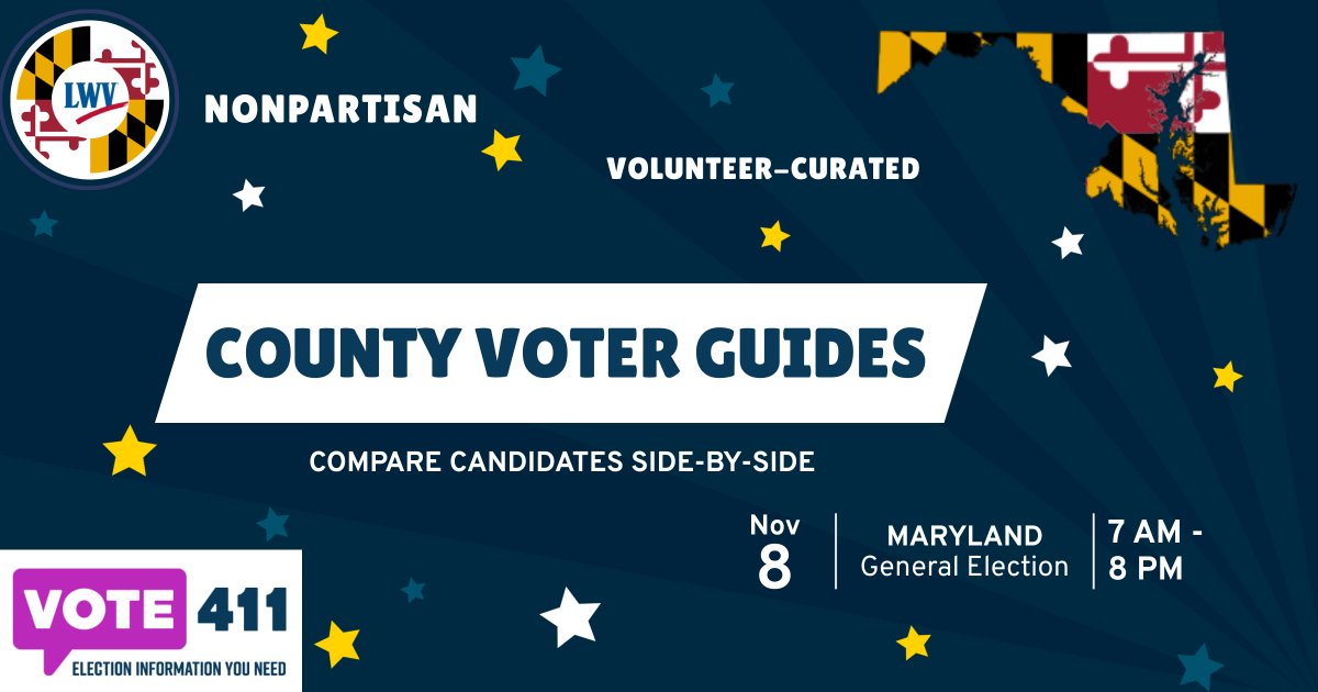 LWVMD's tweet photo. Download your #Maryland county's nonpartisan @LWV Voter Guide to see all your local, state, and federal races, plus ballot measures!
https://t.co/RTUNg7otQO
#GetToThePollsMD
#MDpolitics #MDvotes
#MakingDemocracyWork
#Election2022 https://t.co/PlMRMn2CA8