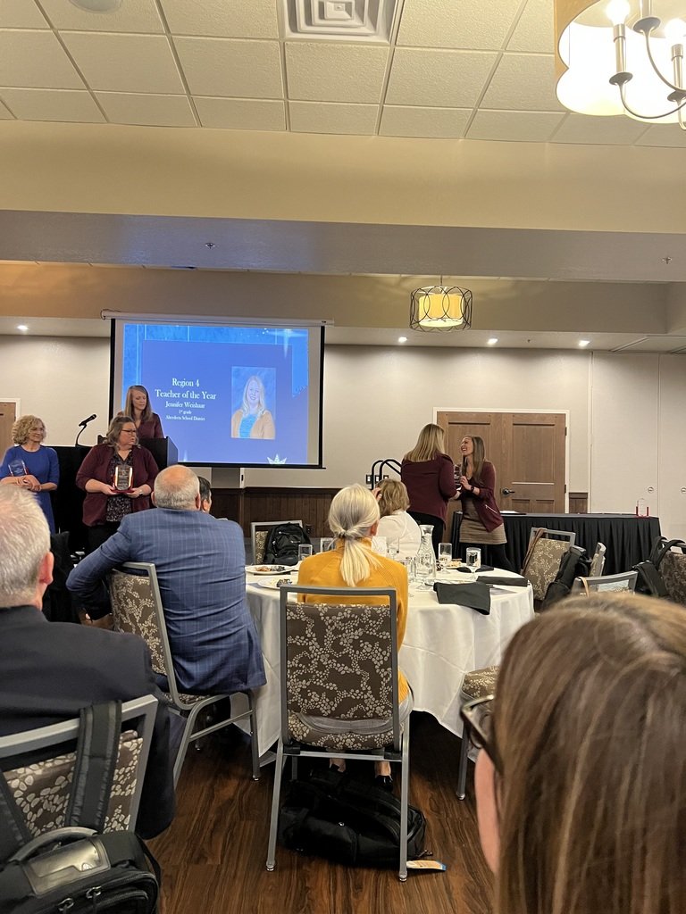 AberdeenMME's tweet photo. Our own Mrs. Weishaar was able to go to the teacher of the year banquet in Pierre, SD. While she didn't win it overall for South Dakota, MME won simply by having her teach and love our students! #GoMrs.Weishaar #MMEFamily #GoEagles https://t.co/vuBU41Mn8S