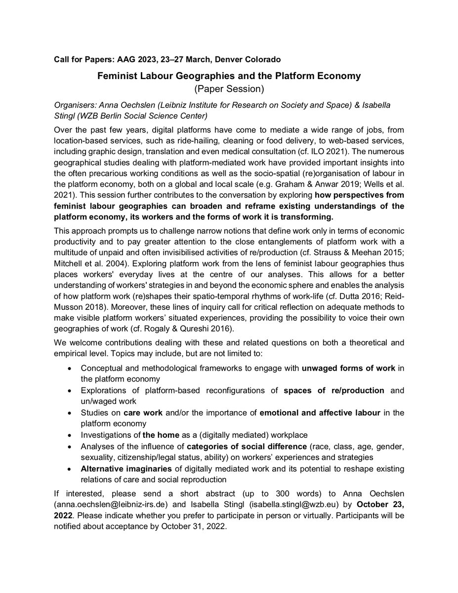 Isabella Stingl (@isastingl) on Twitter photo 📢 Interested in feminist geographies and the platform economy? Join our paper session <a href="/theAAG/">American Association of Geographers</a> 2023 in Denver, sponsored by <a href="/Feminist_Geo/">FeministGeographies</a>! <a href="/A_Oechslen/">Anna Oechslen</a> and I are happy to receive proposals until 23 October. See CfP below and please share widely! #AAG2023 #feministgeographies ⬇️ 📢 Interested in feminist geographies and the platform economy? Join our paper session <a href="/theAAG/">American Association of Geographers</a> 2023 in Denver, sponsored by <a href="/Feminist_Geo/">FeministGeographies</a>! <a href="/A_Oechslen/">Anna Oechslen</a> and I are happy to receive proposals until 23 October. See CfP below and please share widely! #AAG2023 #feministgeographies ⬇️