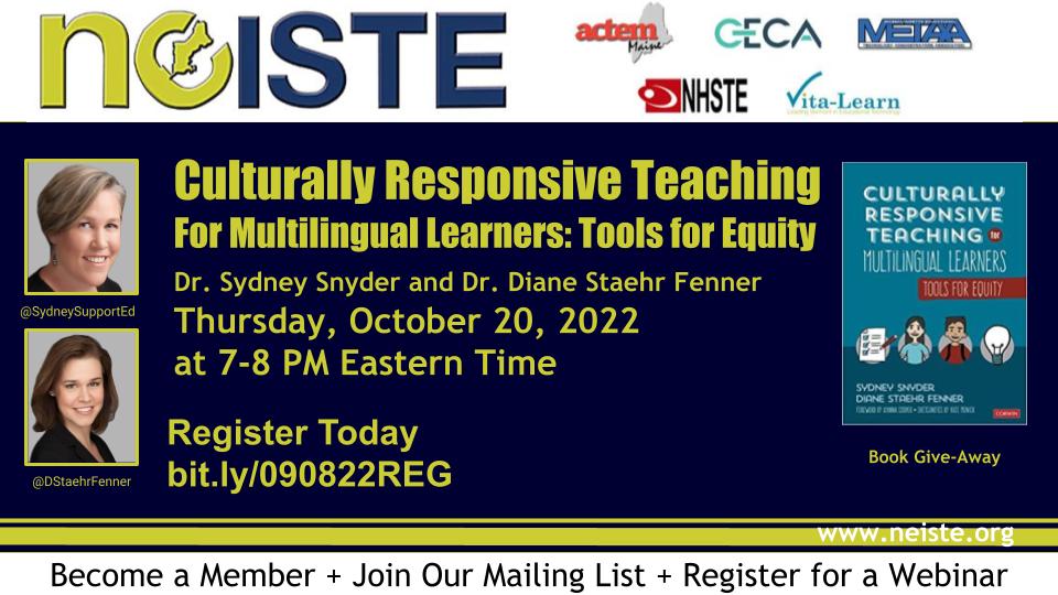 New England ISTE (@ne_iste) on Twitter photo FREE Webinar “Culturally Responsive Teaching for Multilingual Learners: Tools for Equity”
<a href="/SydneySupportEd/">Sydney Snyder (she/her)</a> <a href="/DStaehrFenner/">Diane Staehr Fenner, Ph.D. (she/her)</a> <a href="/SupportEduc/">SupportEd</a>
Th Oct 20, 7-8 PM ET. Explore the role of culture in teaching & learning for multilingual learners. Register: bit.ly/090822REG Win Book! FREE Webinar “Culturally Responsive Teaching for Multilingual Learners: Tools for Equity”
<a href="/SydneySupportEd/">Sydney Snyder (she/her)</a> <a href="/DStaehrFenner/">Diane Staehr Fenner, Ph.D. (she/her)</a> <a href="/SupportEduc/">SupportEd</a>
Th Oct 20, 7-8 PM ET. Explore the role of culture in teaching & learning for multilingual learners. Register: bit.ly/090822REG Win Book!