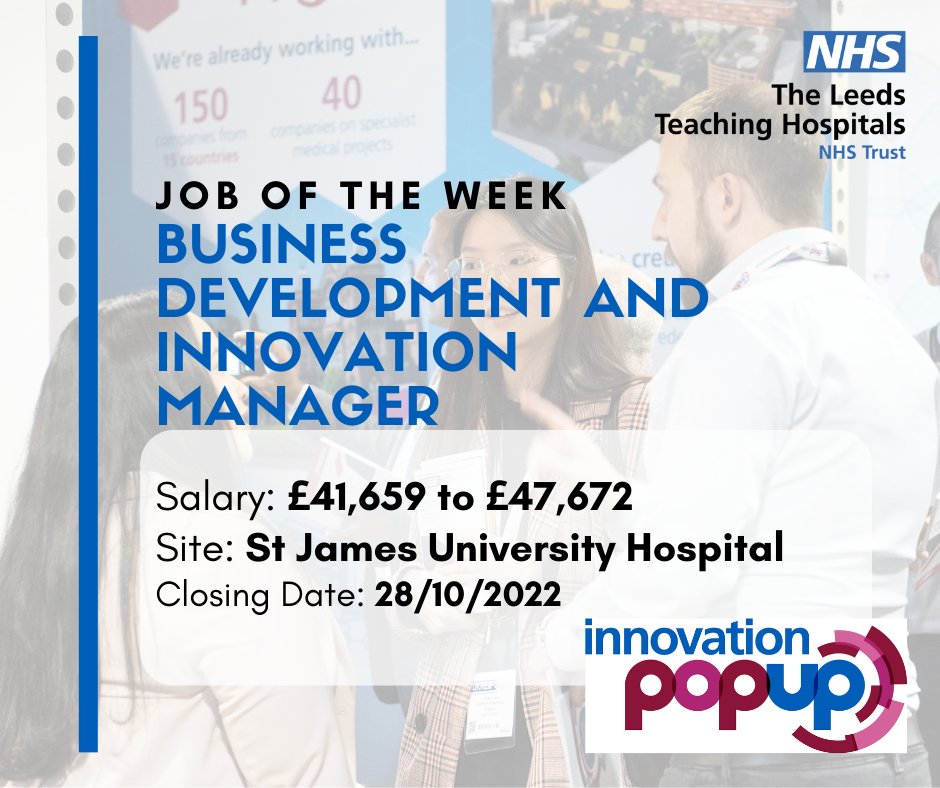 The <a href="/LeedsHospitals/">Leeds Teaching Hospitals</a> multi-award winning, globally successful Innovation Pop Up is recruiting for a Business Development and Innovation Manager, to collaborate with regional, national and international companies looking to work with the Trust. Apply beta.jobs.nhs.uk/candidate/joba…