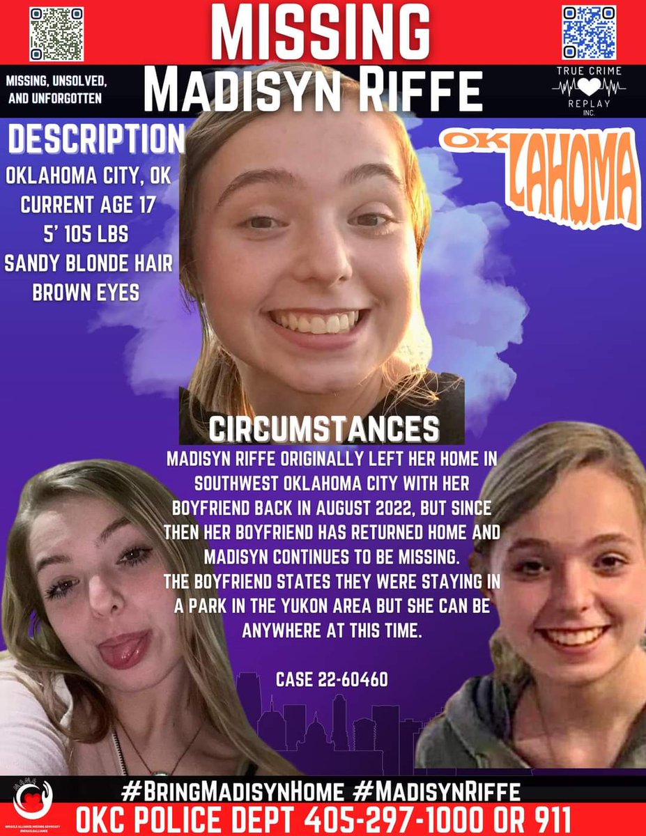 TanjaTcr's tweet photo. #missing 17 year old #MadisynRiffe was last seen in August of 2022 in #Oklahoma City, #Oklahoma.
Here is a group for her.
⬇️⬇️⬇️
https://t.co/zQJcYoaw1g
If you have any information contact the Oklahoma City Police Department at 405-297-1000.
#truecrimereplay #miraclealliance https://t.co/JGaS75vT2z