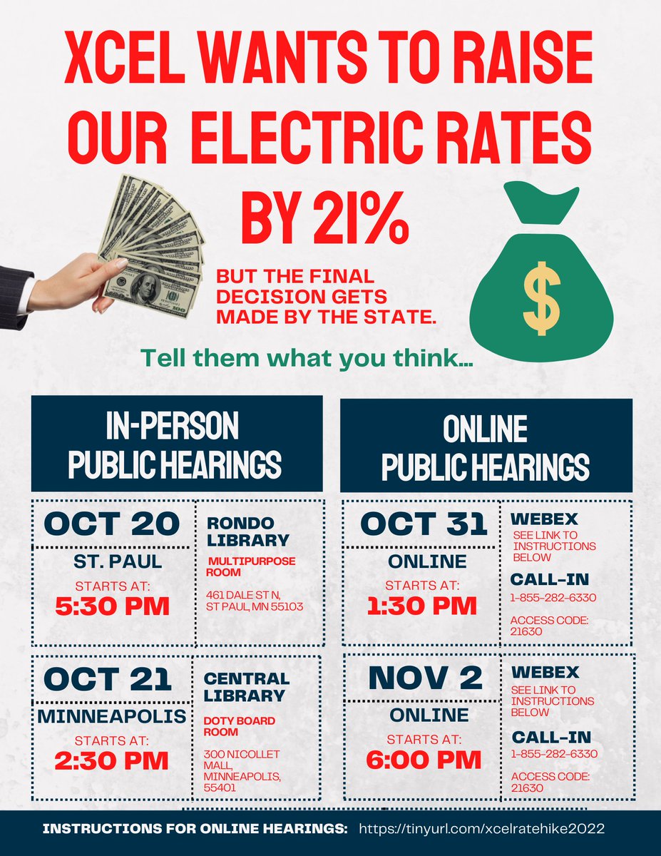 MplsEnergyOpts's tweet photo. THIS WEEK: PUBLIC HEARINGS ON 21% RATE HIKE. Xcel seeks to raise shareholder profit, while claiming this $$ is necessary for a reliable &amp; resilient grid - but when you look closely, there is little $ actually driving more local renewables. Join us this week at the hearings. https://t.co/mRP5IbxDzH