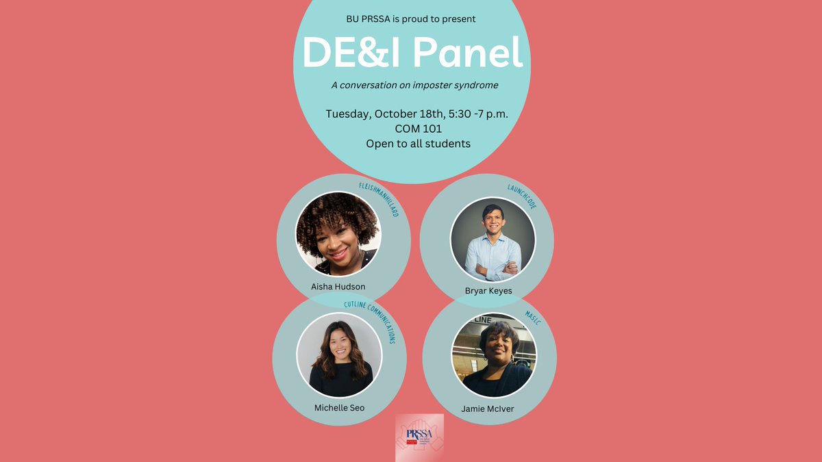 BUPRSSA's tweet image. Happy Monday! BU PRSSA is so excited to host a DE&amp;amp;I panel on imposter syndrome tomorrow at 5:30! This event is open to all students. We hope to see you in COM 101! 🙌🏻