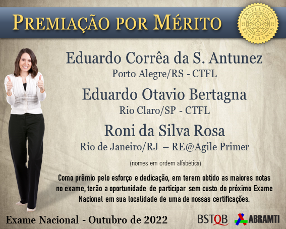 BSTQB's tweet photo. PARABÉNS!!!
• Eduardo Corrêa da S. Antunez - Porto Alegre/RS
• Eduardo Otavio Bertagna - Rio Claro/SP
• Roni da Silva Rosa - Rio de Janeiro/RJ
Vocês obtiveram um excelente desempenho em suas provas.
https://t.co/3UXmC1GMpM
#bstqb #abramti #testedesoftware #cpre https://t.co/gtRF1eK5KU