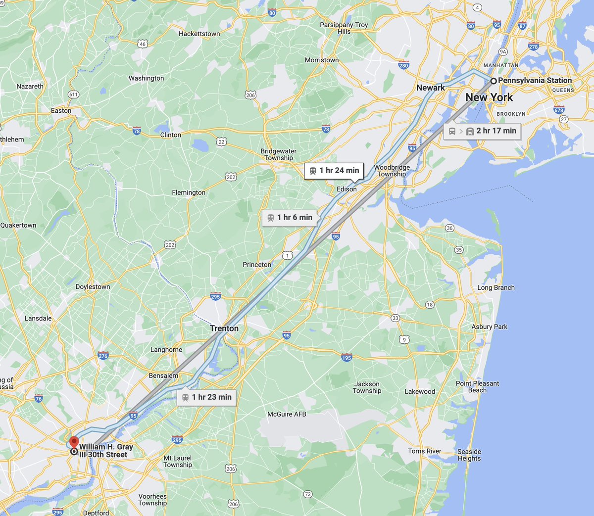 the_transit_guy's tweet photo. If we applied international practices to the Northeast Corridor, one could easily live in Philly and commute to NYC in under 45 minutes (and vice versa). We really don't grasp how transformative frequent high-speed rail would be in this country. https://t.co/w6mG4e65xs