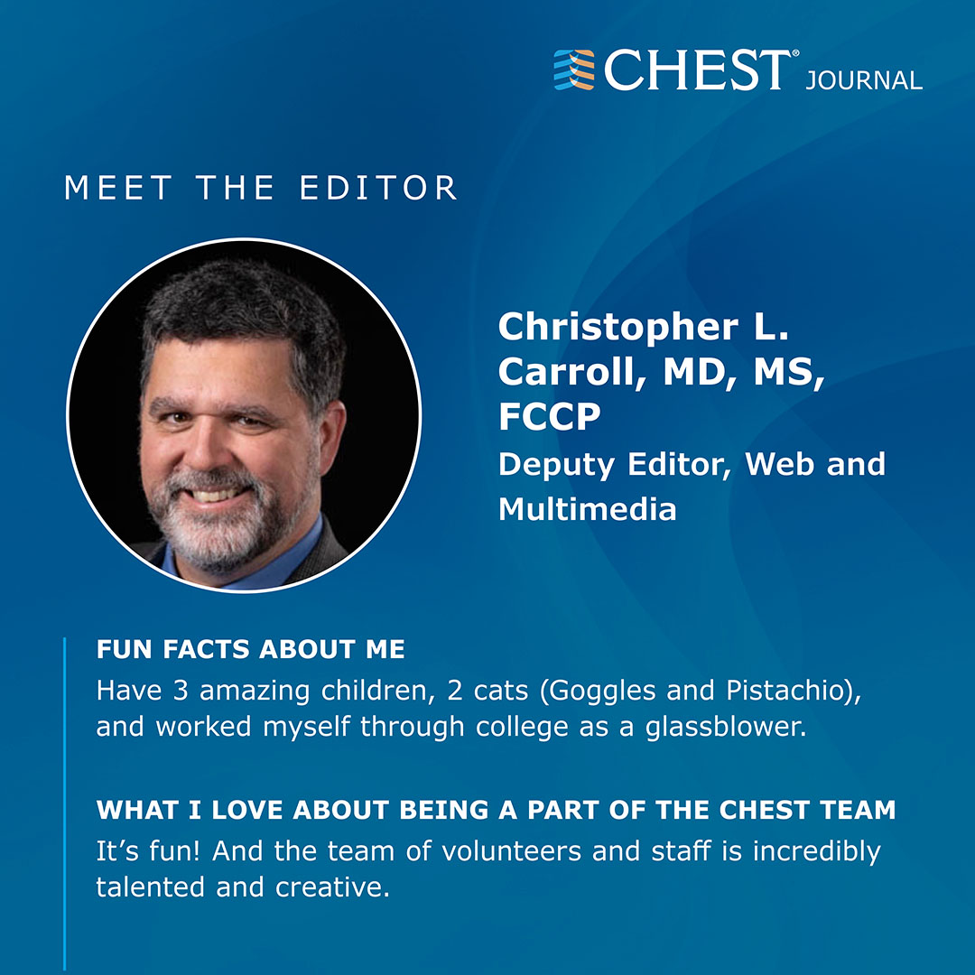 journal_CHEST's tweet photo. Chris Carroll, MD, MS, FCCP (@ChrisCarrollMD), will be at the #CHESTjournal booth in Experience CHEST today at 1 pm CT. Come drop by and chat about journal web and multimedia! https://t.co/JmDp89r8NB #CHEST2022 #MedTwitter https://t.co/UvY1P3SQgf