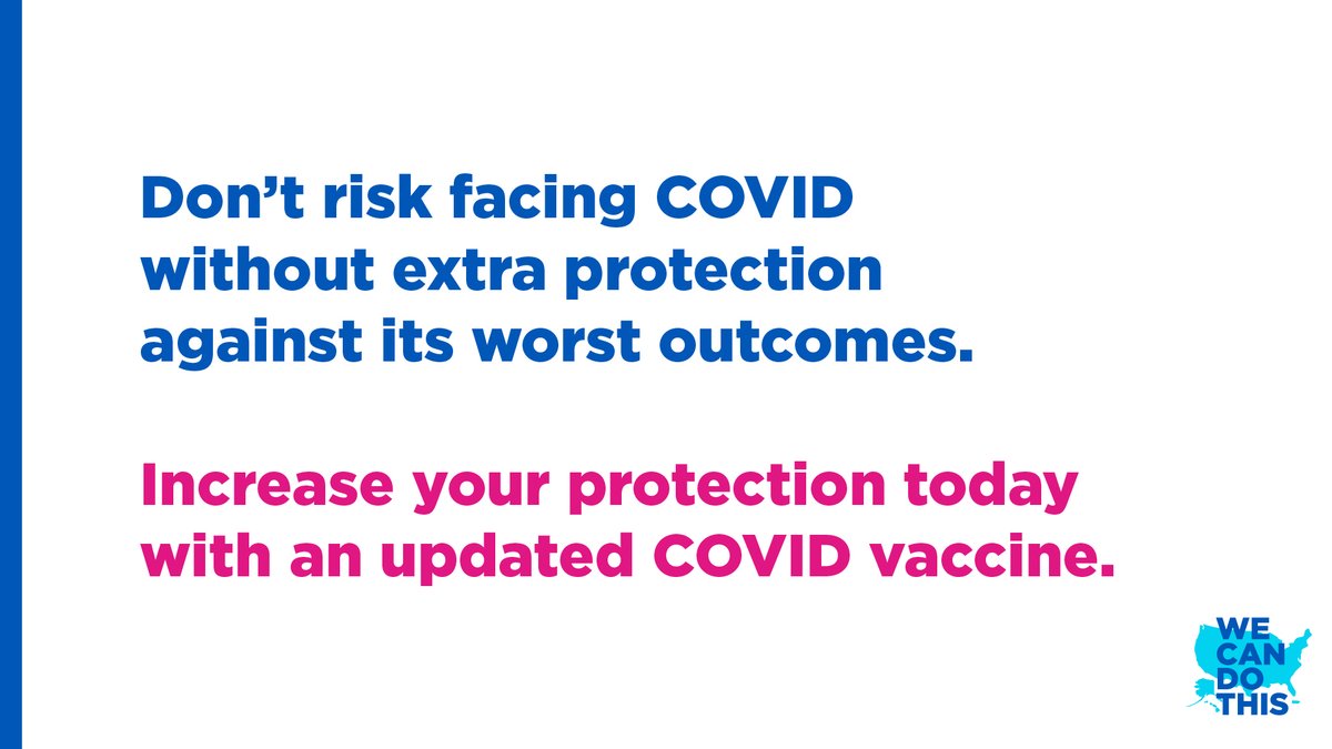 Updated vaccines are designed to better protect you from serious COVID illness and infection. 
Get your updated COVID vaccine today. 

Find updated COVID vaccines at vaccines.gov. 
#WeCanDoThis #VaxUpAmerica