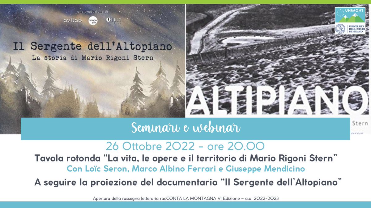 unimontagna's tweet photo. 🗓️ 25/10/22 ore 18.00
👉Lectio magistralis di M.A. Ferrari
Prenotazioni: https://t.co/5YwwCi3TwM
🗓️ 26/10/22 ore 20.00
👉Tavola rotonda La vita, le opere e il territorio di Mario Rigoni Stern e documentario Il Sergente dell’Altopiano”
Prenotazioni: https://t.co/tFVJfcB9iU https://t.co/Xr6bE1ShbX