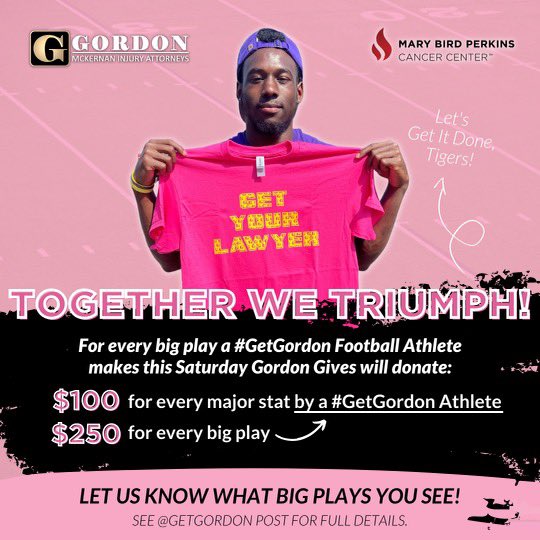 SeanBurrell3's tweet photo. #TheGTeam is #PlayingForPink this Saturday!💗 #GordonGives has teamed up with the #GetGordon football players across the state to give back $8,500 or more to local cancer organizations in honor of Breast Cancer Awareness Month.
@getGordon @MaryBirdPerkins https://t.co/wao7t5PzgO