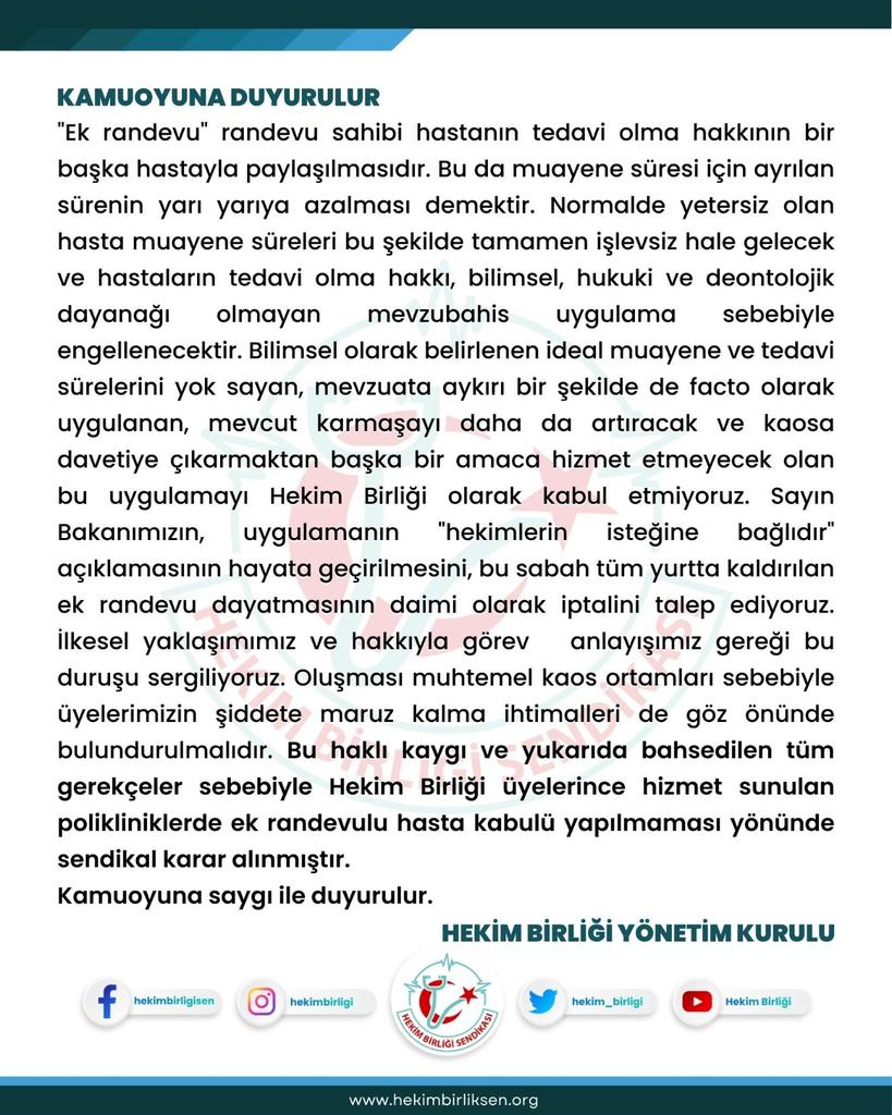hekim_birligi's tweet photo. Bu sabah itibariyle uygulamadan kaldırılmış olan "Ek randevu" dayatmasının tekrardan uygulandığı ile ilgili bizlere bilgiler ulaşmaktadır.Bu şartlarda hizmet sunumu mümkün değildir.Üyelerimizi korumaya yönelik sendikal karar alınmıştır.Anayasadan aldığımız haklar kullanılacaktır. https://t.co/jpiJbLIgoo