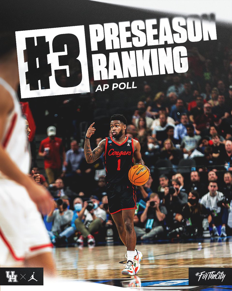 UHCougarMBK's tweet image. Checking in at #️⃣3️⃣ in @AP_Top25 Preseason Poll... Your @UHouston Cougars!

Highest preseason ranking since November 1983

#ForTheCity x #GoCoogs 

🔗 – bit.ly/3yM2yco
📝 – bit.ly/3eH6Oym