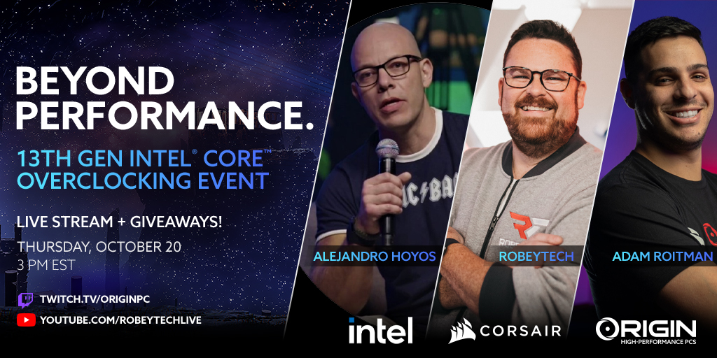ORIGINPC's tweet photo. 🚨 Special Event 🚨 

Join us this Thursday, October 20th for a special @intel 13th Gen. Overclocking Event! ⚡ 

Featuring special guests Alejandro Hoyos and @robeytech 👥 

Join us live on 📺 : https://t.co/YiVfbz6CtG https://t.co/ErPNdCE0Cb