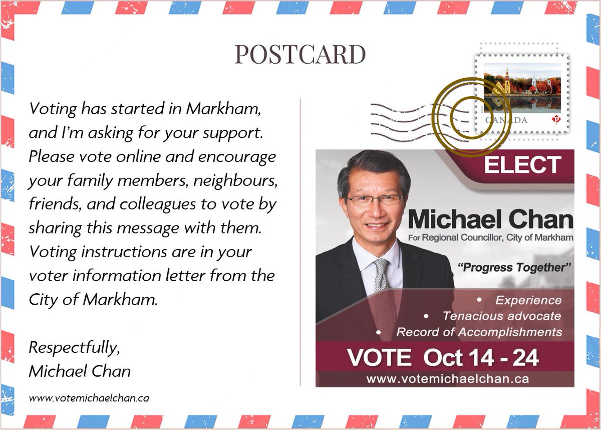michaelchanyr's tweet photo. ✅ Vote Michael Chan - @cityofmarkham Regional Councillor
🗳Vote Online 🌐 https://t.co/XY9672JQEy
#markham #mkmpoli #yorkregion #yorkregiongovt #markhamvotes #municipalelection2022 #municipal #electionday #vote #onpoli #markhamvillage #MunicipalElection #municipality https://t.co/F93NfNCAMq