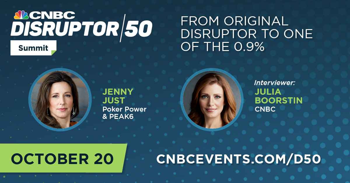 As the famous poker phrase goes, 'You've got to know when to hold 'em and when to fold 'em' ♠️. This Thursday, Jenny Just speaks with @JBoorstin at #Disruptor50 Summit about how business skills and poker go hand in hand. Learn more and register 👉 bit.ly/3C75vF0