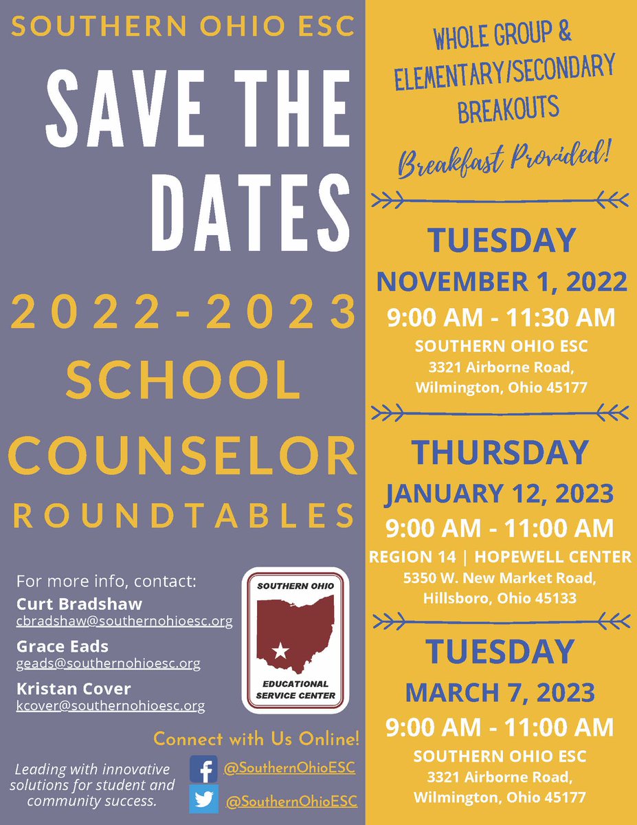 SouthernOhioESC's tweet photo. Save The Date π
SOESC School Counselor Roundtables for the 2022-2023 school year. We hope you will plan to join us for the first roundtable on Tuesday, November 1, 2022, from 9:00 AM to 11:30 AM at the Southern Ohio ESC.
#InnovativeSolutions #StudentAndCommunitySuccess https://t.co/w4FOJtjuHO