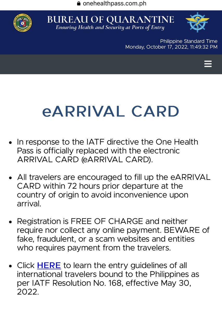 UniteUsInPH's tweet photo. UPDATE | One Health Pass (OHP) is now replaced with eArrival Card. You can register with the same link: https://t.co/Q94ZmB2AKu

Beware of fake and scam websites offering One Health Pass or eArrival Card. It will always be FREE of charge. https://t.co/tMeWjguUzf