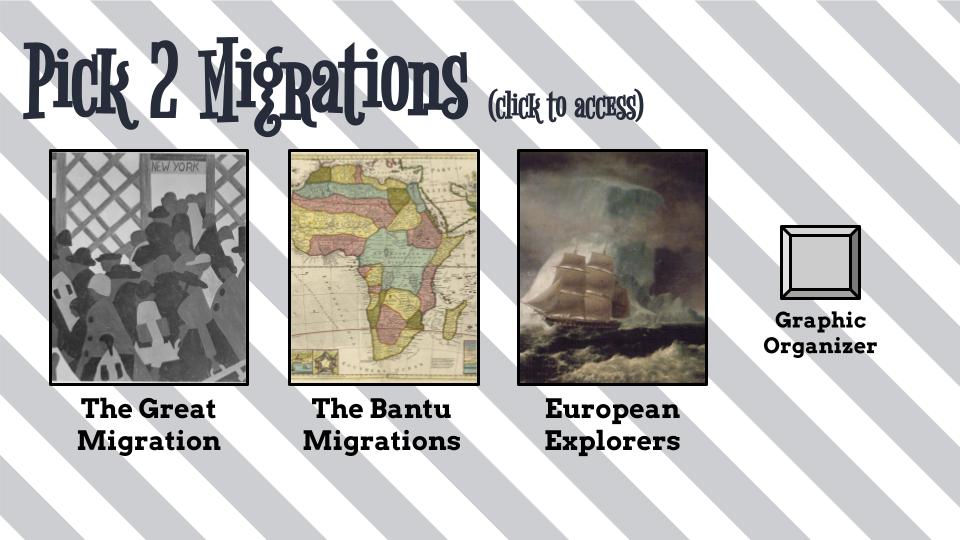 Today's Freebie (travel catchup!): #19: The Great Migration docs.google.com/presentation/d… #20: The Bantu Migrations drive.google.com/file/d/1WyA2rp… #21: European Migration Choose Your Own Adventure Story docs.google.com/presentation/d… #22: Graphic Organizer for all! docs.google.com/document/d/17x…