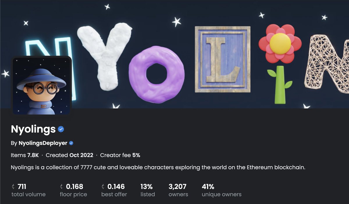 Verified on <a href="/opensea/">OpenSea</a> ✔️
Trending #1 across the web ✔️
Still vibing as strong as ever ✔️

Nyolings. 🌈