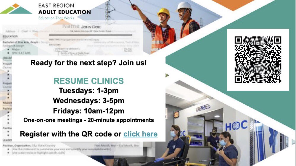 Need help with your resume? Join us for our Resume Clinics to prepare yourself for the next step!
lnkd.in/ezVMyXBg to register.
#adulted #adultedworks #adulteducation #erae2022