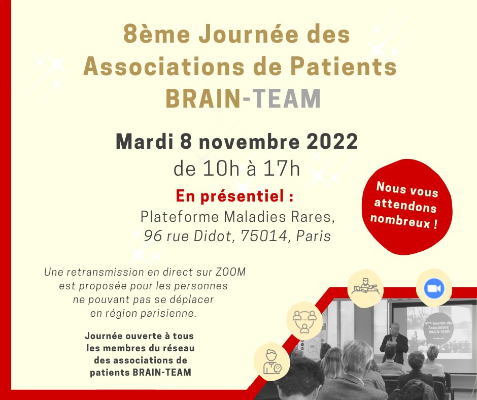 BRAINTEAM_FSMR's tweet photo. 📆 La 8ème Journée des associations de patients BRAIN-TEAM, c'est dans 20 jours !
👉 Au programme : actualités de la filière, relabellisation des centres de référence, projet associatif et autres projets innovants BRAIN-TEAM !
https://t.co/tdIpM7NK5p https://t.co/AUM1Qjb4Ae