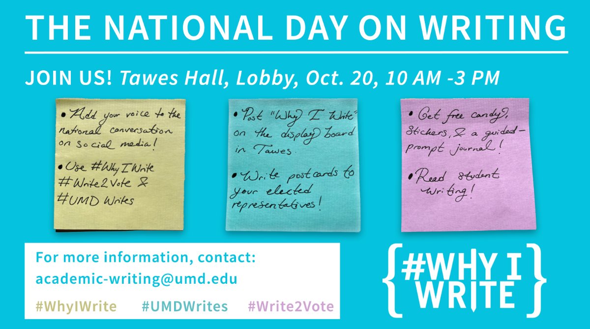 UMDEnglish's tweet photo. Join us! This Thursday, October 20, 10 AM - 3 PM in the Tawes Hall Lobby to celebrate the National Day on Writing!
Add your voice to the national conversation using #WhyIWrite #Write2Vote #UMDWrites
#NationalDayOnWriting @ncte https://t.co/NfMZBz3Ecj
