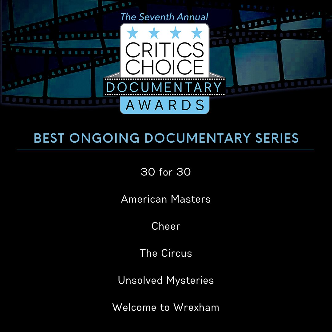 CriticsChoice's tweet photo. Announcing the nominees for BEST ONGOING DOCUMENTARY for the 7th Annual #CriticsChoice Documentary Awards Presented by @NatGeoDocs Films!  Winners revealed at a gala event Nov 13th in Manhattan NY
#ONGOINGDOCUMENTARY
#CCDOC #CCDocumentary @espn @Showtime @hulu @PBS https://t.co/yEDf4hlmUe