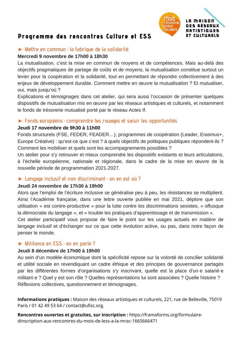 Le #MoisESS à la Maison des Réseaux, c'est avant tout l'occasion d'interroger ensemble nos pratiques et de se renforcer les uns les autres ! 
Des rencontres ouvertes et gratuites, proposées par les organisations résidentes de la MRAC.
► Inscription : ufisc.org/structuration-…