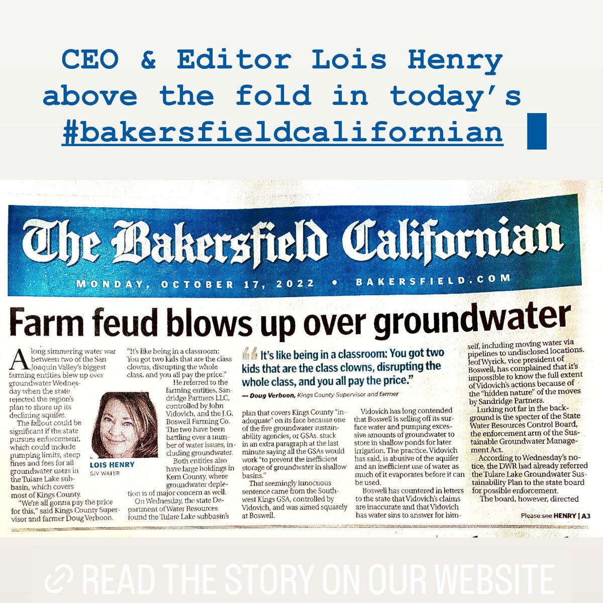 SJVWater's tweet photo. @loishenry reports. #thebakersfieldcalifornian #bakersfieldcalifornian #jgboswell #sandridgepartners #johnvidovich #waterwar https://t.co/yYNnEeRrpL