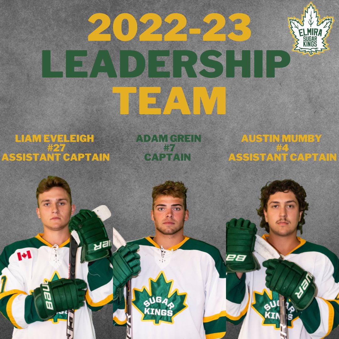 SugarKings's tweet photo. Meet your 2022-23 Elmira Sugar Kings leadership team!
#elmirasugarkings #esk #elmira #hockey #proudtobeaking #captain #assistantcaptains https://t.co/xQzw0GnlYr